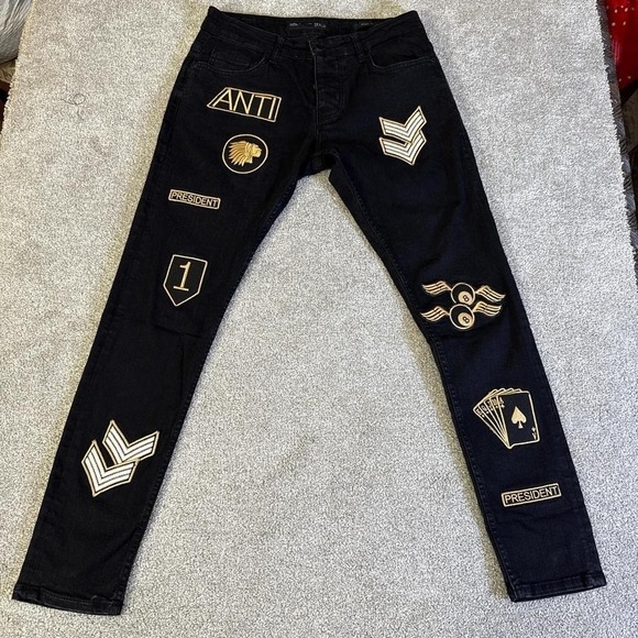 The Unbranded Brand Denim - 2Y Black Denim Patchwork Jeans Gold Detail Size 33
